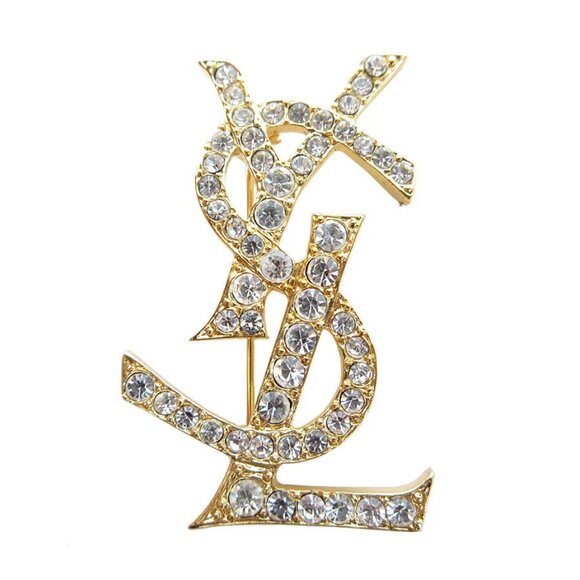 Auth YVES SAINT LAURENT YSL Logo Brooch Gold / Silver metal/Rhinestone - Picture 1 of 8